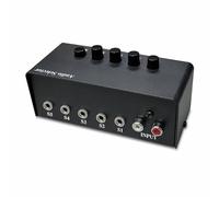 Genius Caja de conmutación estéreo, controlador de salida de audio de 5 puertos, 2 entradas RCA a 5 salidas jack de 3,5 mm, selector de botón pulsador manual, no requiere alimentación externa