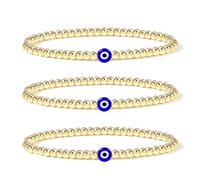 genkigold Pulsera de Suerte del Mal de Ojo, Exquisita Pulsera de Cuentas Chapado en Oro Real 18k con Perla de Ojo Azul - Pulsera Elástica Regalo para Mejores Amigos, Parejas(Juego de 3 Piezas)
