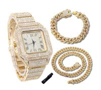 genkigold Reloj con Diamantes para Adolescentes Niños - Esfera Cuadrado 40mm con Números Romanos - Chapado en Oro 18K Correa 18,5cm - Incluye Ajustador, Combina con Cadenas Cubanas 18cm+40cm