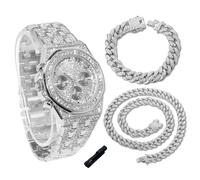 genkigold Reloj con Diamantes para Adolescentes Niños - Esfera Octogonal 38mm con Números Romanos - Chapado en Platino Correa 19,5cm - Incluye Ajustador, Combina con Cadenas Cubanas 18cm+40cm