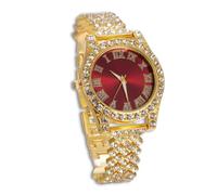 genkigold Reloj con Diamantes para Adolescentes Niños - Esfera Redondo 37mm con Números Romanos en Rojo - Chapado en Oro 18K Correa 20cm - Incluye Caja de Regalo