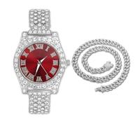 genkigold Reloj con Diamantes para Adolescentes Niños - Esfera Redondo 37mm con Números Romanos en Rojo - Chapado en Platino Correa 20cm - Incluye Caja de Regalo, Combina con Cadena Cubana 40cm