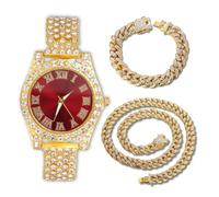 Genkigold Reloj con Diamantes para Adolescentes Niños - Esfera Redondo 37mm con Números Romanos en Rojo - Chapado en Oro 18K Correa 20cm - Incluye Caja de Regalo, Combina con Cadenas Cubanas 18cm+40cm