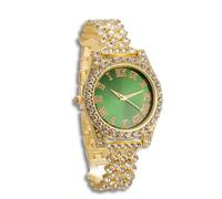 genkigold Reloj con Diamantes para Adolescentes Niños - Esfera Redondo 37mm con Números Romanos en Verde - Chapado en Oro 18K Correa 20cm - Incluye Caja de Regalo