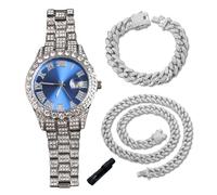 genkigold Reloj con Diamantes para Adolescentes Niños - Esfera Redondo 42mm con Números Romanos en Azul - Chapado en Platino Correa 20cm - Incluye Ajustador, Combina con Cadenas Cubanas 18cm+40cm
