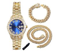 genkigold Reloj con Diamantes para Adolescentes Niños - Esfera Redondo 42mm con Números Romanos en Azul - Chapado en Oro 18K Correa 20cm - Incluye Ajustador, Combina con Cadenas Cubanas 18cm+40cm