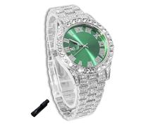 genkigold Reloj con Diamantes para Adolescentes Niños - Esfera Redondo 42mm con Números Romanos en Verde - Chapado en Platino Correa 20cm - Incluye Ajustador