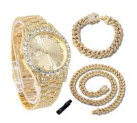 genkigold Reloj con Diamantes para Adolescentes Niños - Esfera Redondo 43mm con Números Romanos - Chapado en Oro 18K Correa 20,5cm - Incluye Ajustador, Combina con Cadenas Cubanas 18cm+40cm