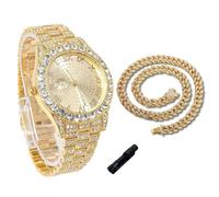 genkigold Reloj con Diamantes para Adolescentes Niños - Esfera Redondo 43mm con Números Romanos - Chapado en Oro 18K Correa 20,5cm - Incluye Ajustador, Combina con Cadena Cubana 40cm