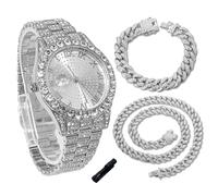 genkigold Reloj con Diamantes para Adolescentes Niños - Esfera Redondo 43mm con Números Romanos - Chapado en Platino Correa 20,5cm - Incluye Ajustador, Combina con Cadenas Cubanas 18cm+40cm