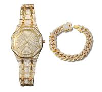 genkigold Reloj con Diamantes para Hombre - Esfera Octogonal 41mm con Números Romanos - Chapado en Oro 18K Correa 22cm - Cuarzo Japonés - Joya de Lujo - Combina con Cadena Cubana 20cm