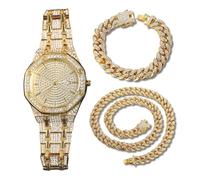 genkigold Reloj con Diamantes para Hombre - Esfera Octogonal 41mm con Números Romanos - Chapado en Oro 18K Correa 22cm - Cuarzo Japonés - Joya de Lujo - Combina con Cadenas Cubanas 20cm+45cm