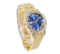 genkigold Reloj con Diamantes para Hombre - Esfera Redondo 40mm con Números Romanos en Azul - Chapado en Oro 18K Correa 22cm - Cuarzo Japonés - Joya de Lujo