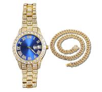 genkigold Reloj con Diamantes para Hombre - Esfera Redondo 40mm con Números Romanos en Azul - Chapado en Oro 18K Correa 22cm - Cuarzo Japonés - Joya de Lujo - Combina con Cadena Cubana 45cm