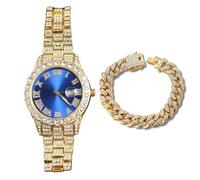 genkigold Reloj con Diamantes para Hombre - Esfera Redondo 40mm con Números Romanos en Azul - Chapado en Oro 18K Correa 22cm - Cuarzo Japonés - Joya de Lujo - Combina con Cadena Cubana 20cm