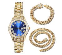 genkigold Reloj con Diamantes para Hombre - Esfera Redondo 40mm con Números Romanos en Azul - Chapado en Oro 18K Correa 22cm - Cuarzo Japonés - Joya de Lujo - Combina con Cadenas Cubanas 20cm+45cm