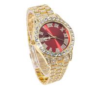genkigold Reloj con Diamantes para Hombre - Esfera Redondo 40mm con Números Romanos en Rojo - Chapado en Oro 18K Correa 22cm - Cuarzo Japonés - Joya de Lujo
