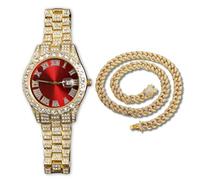 genkigold Reloj con Diamantes para Hombre - Esfera Redondo 40mm con Números Romanos en Rojo - Chapado en Oro 18K Correa 22cm - Cuarzo Japonés - Joya de Lujo - Combina con Cadena Cubana 45cm