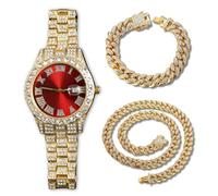 genkigold Reloj con Diamantes para Hombre - Esfera Redondo 40mm con Números Romanos en Rojo - Chapado en Oro 18K Correa 22cm - Cuarzo Japonés - Joya de Lujo - Combina con Cadenas Cubanas 20cm+45cm