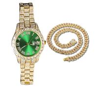genkigold Reloj con Diamantes para Hombre - Esfera Redondo 40mm con Números Romanos en Verde - Chapado en Oro 18K Correa 22cm - Cuarzo Japonés - Joya de Lujo - Combina con Cadena Cubana 45cm