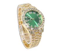 genkigold Reloj con Diamantes para Hombre - Esfera Redondo 40mm con Números Romanos en Verde - Chapado en Oro 18K Correa 22cm - Cuarzo Japonés - Joya de Lujo