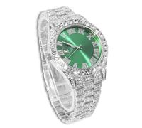 genkigold Reloj con Diamantes para Hombre - Esfera Redondo 40mm con Números Romanos en Verde - Chapado en Platino Correa 22cm - Cuarzo Japonés - Joya de Lujo