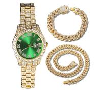 genkigold Reloj con Diamantes para Hombre - Esfera Redondo 40mm con Números Romanos en Verde - Chapado en Oro 18K Correa 22cm - Cuarzo Japonés - Joya de Lujo - Combina con Cadenas Cubanas 20cm+45cm