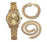 genkigold Reloj con Diamantes para Hombre - Esfera Redondo 43mm con Números Romanos - Chapado en Oro 18K Correa 22,5cm - Cuarzo Japonés - Joya de Lujo - Combina con Cadenas Cubanas 20cm+45cm