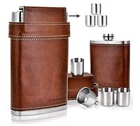 Gennissy 304 18/8 acero inoxidable Petaca Flask - marrón piel con 3 vasos y embudo 100% a prueba de fugas