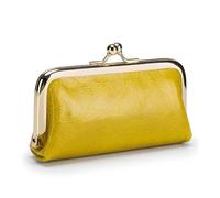GENODA Monedero retro de cuero genuino para mujer, bolso de lápiz labial, mini bolsa de clip, pequeña y exquisita bolsa de almacenamiento de monedas para niñas, Amarillo terroso, 1 pieza
