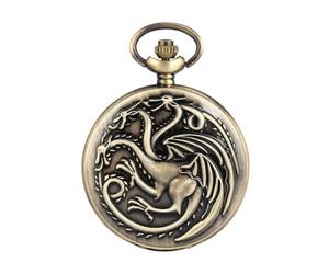 GENODA Reloj de bolsillo de cuarzo vintage con collar de monstruo de fuego de bronce, reloj antiguo vintage, marrón, talla única