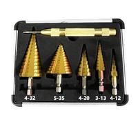 Genossen Broca Escalonada, 5pcs Brocas Cónicas HSS Titanio,（4-12mm, 3-13mm, 4-20mm, 4-32mm, 5-35mm）+1 perforadora central automática, acero de alta velocidad, revestimiento de titanio, para DIY madera