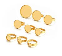 GENPICONG 10 Piezas de Base en Blanco para Anillos Ajustables de Acero Inoxidable Dorado de 8, 10, 12, 20 y 25 mm, cabujones para Bisel de Anillo para Suministros de fabricación de Joyas