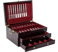 GENRICE Cofre de cubiertos de madera sin cubiertos de tres capas, caja de almacenamiento para plata, caja de cubiertos con asa y forro de fieltro, baúl de cubiertos para 12 o 16 o más juegos de