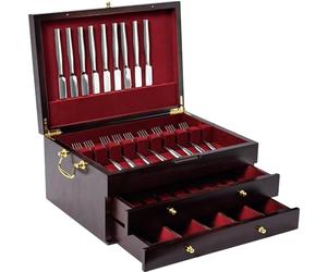 GENRICE Cofre de cubiertos de madera sin cubiertos de tres capas, caja de almacenamiento para plata, caja de cubiertos con asa y forro de fieltro, baúl de cubiertos para 12 o 16 o más juegos de