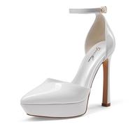 GENSHUO Tacones Altos de Plataforma Mujer Elegantes Tacones de Aguja con Correa en el Tobillo Zapatos de Tacón Puntiagudo 12 CM/4,72 Pulgadas Tacones Sexys de Punta Cerrada para Fiesta, Blanco 41EU