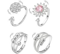 GENSMILE Anillos Giratorios Anti-Ansiedad para Aliviar el Estrés - Juego de 4 Anillos Ajustables de Zirconio Giratorios, Cuentas Desestresantes para Calmar la Ansiedad, Regalo para Mujeres y Hombres