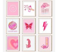 GENSTEUO 9 piezas de decoración de habitación rosa preppy estética, arte de pared rosa intenso, pinturas de pósteres preparados, collage de pared preparado, lindas impresiones para decoración de