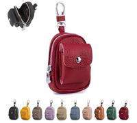 Genuine Leather Mini Backpack Keychain, Cute Travel Coin Purse & Makeup Bag for Women, Compact Organizer with Carabiner Clip (Red)