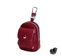 Genuine Leather Mini Backpack Keychain, Cute Travel Coin Purse & Makeup Bag with Clip, Card Holder Data Cable Organizer (Red)
