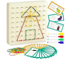 Geoboard de Madera, Montessori Educativos Geometría Juguetes 3 4 5 | Geoboard Escuela Primaria con 30 Cartas de Patrón 53 Bandas Elásticas para Crear Figuras y Formas per Niños 3 4 5 6 [18x18CM]