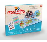 Geografika. Juego de Mesa Familiar con Mapamundi ilustrado. Diviértete aprendiendo Datos del Mundo, como países, Animales y Lugares Famosos. Versión en Español