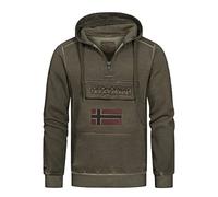 Geographical Norway Gymclass - Sudadera con capucha para hombre, aspecto lavado, bolsillo con media cremallera, parches y embros, caqui, S