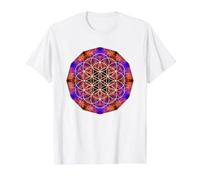 Geometría Sagrada de la Flor de la Vida sobre Mandala de Llama Azul Naranja Camiseta gráfica económica, Hombre, Blanco, XL
