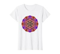 Geometría Sagrada de la Flor de la Vida sobre Mandala de Llama Azul Naranja Camiseta gráfica económica, Mujer, Blanco, XL