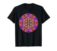 Geometría Sagrada de la Flor de la Vida sobre Mandala de Llama Azul Naranja Camiseta gráfica económica, Hombre, Negro, XL