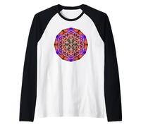 Geometría Sagrada de la Flor de la Vida sobre Mandala de Llama Azul Naranja Camiseta Manga Raglan