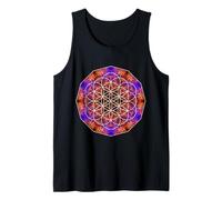Geometría Sagrada de la Flor de la Vida sobre Mandala de Llama Azul Naranja Camiseta sin Mangas