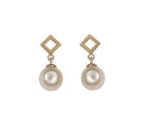Geometric Pearl Drop Earrings, Gold Tone Hollow Rhombus Studs, French Style Elegant Jewelry for Daily & Formal Wear