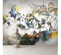 Geométrico Abstracto Cimas De Montañas Pájaros Volando Bosque 3D Papel Pintado Pared Fácil Instalación Oficina Sala Estar Sofá Dormitorio TV Fondos Decoración-150cm×105cm